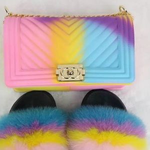 Fur Slides W/ Matching Purse: Multicolor